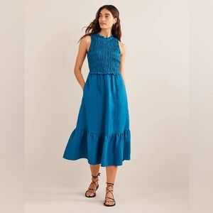 New Boden Smocked Linen Midi Dress| crystal teal